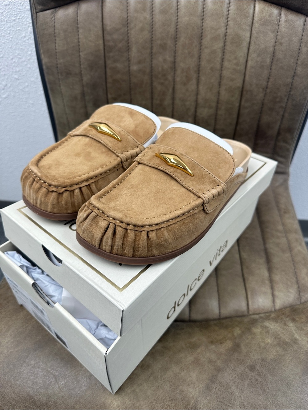 Dolce Vita Jodero Light Brown Suede Mules with Gold Accent